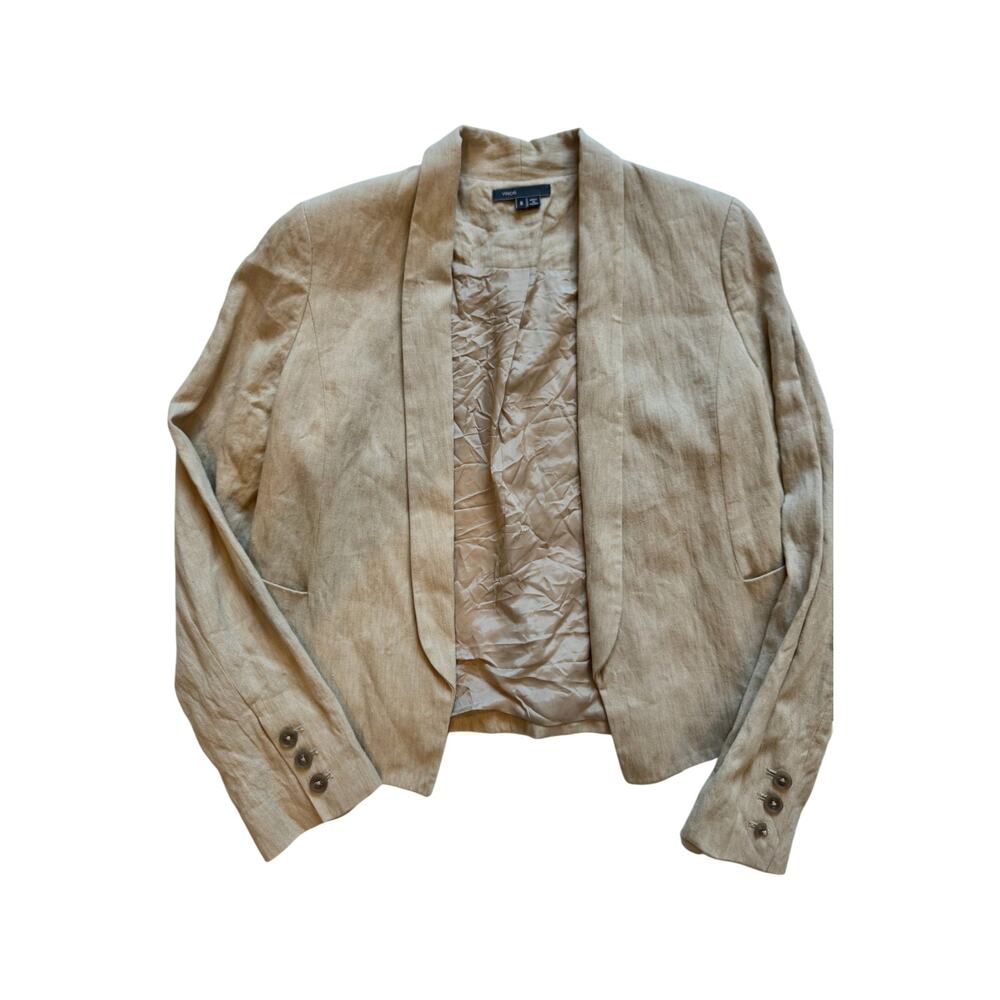 Vince Linen Cotton Blazer Women’s 8 Beige Open Front Cropped Jacket Summer - Picture 2 of 16